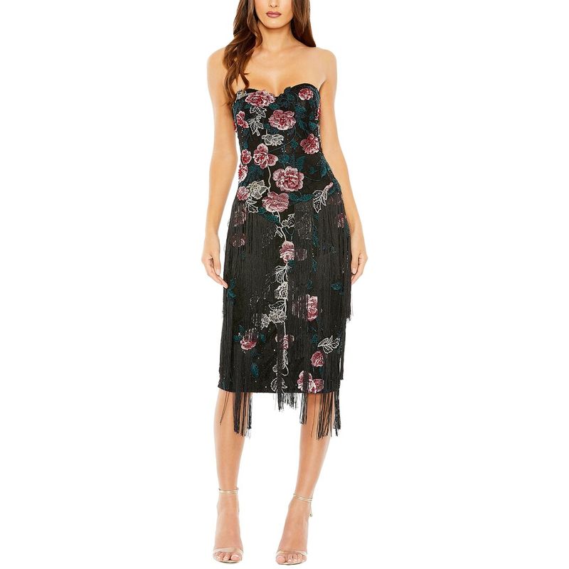 Mac Duggal Womens Floral-Embossed Fringed Strapless Midi Dress, Black